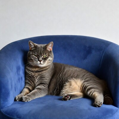 Gray cat lounging on blue chair