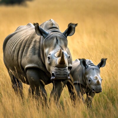 Mother Rhino with Calf in Grass