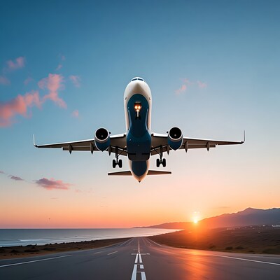 Airplane landing at sunset runway