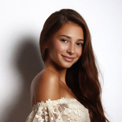 Smiling woman in lace off-shoulder dress