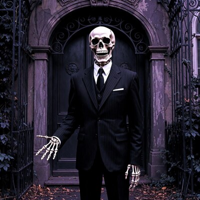 Skeleton in suit at gothic gate