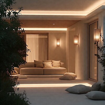 Modern Beige Sofa in Lit Terrace