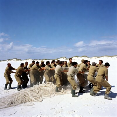 Men pulling fishing net on beach