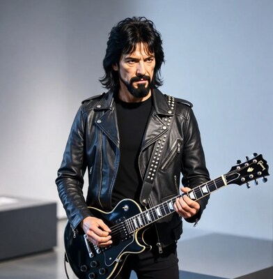 Man playing black Gibson Les Paul guitar