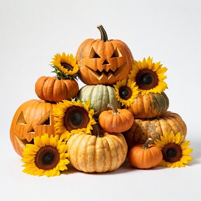 Jack-o-lantern pumpkins with sunflowers