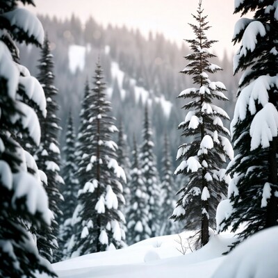 Snowy Pine Forest at Sunset