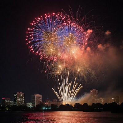 Colorful fireworks over city skyline