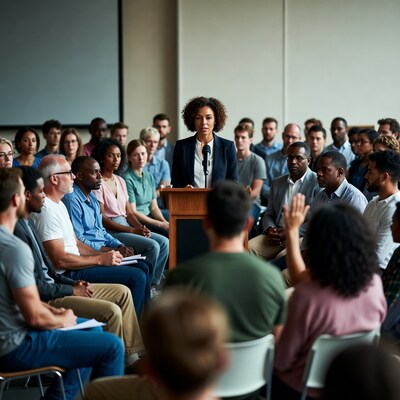 African-American woman speaking at podium