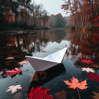 Paper Boat on Autumn Leaves in River
