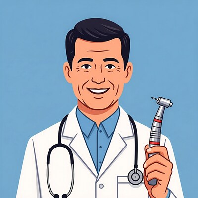 Dentist man holding drill and stethoscope