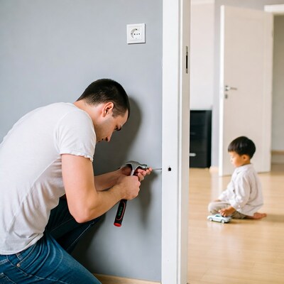 Father hammering door with son watching