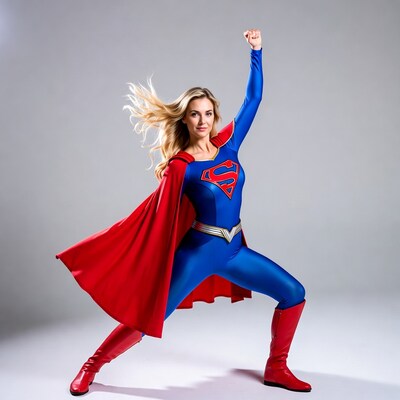 Blonde Supergirl posing heroically