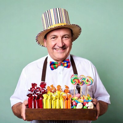 Man holding colorful candies in tray