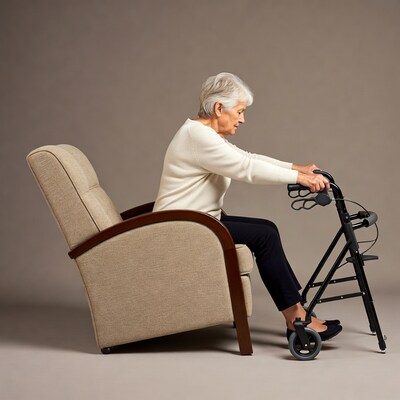 Elderly woman using walker by chair