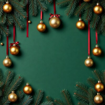 Gold Christmas Ornaments with Pine on Green
