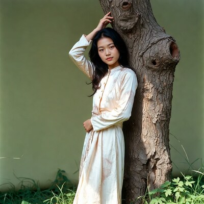 Asian woman leaning against tree