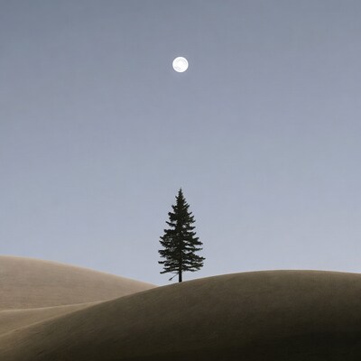 Lone Pine Tree Under Full Moon