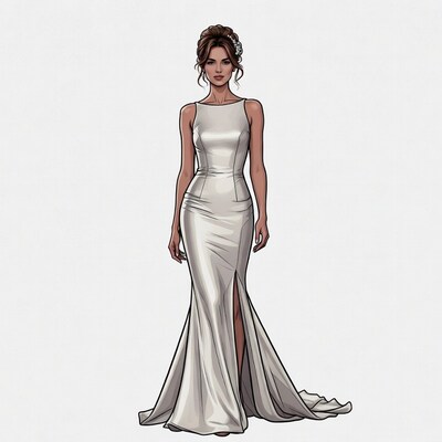 Woman in white slit gown illustration