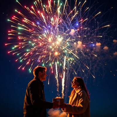 Couple exchanging gift under fireworks