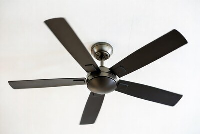 Black ceiling fan on white ceiling