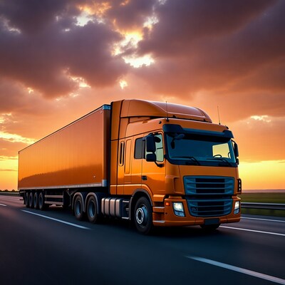 Orange semi truck driving sunset highway