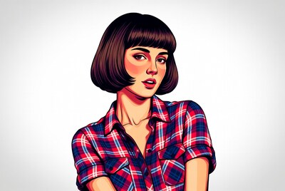 Woman with bob haircut in plaid shirt