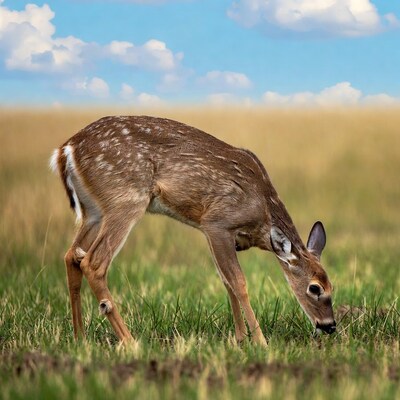 Fawn grazing in grassy field