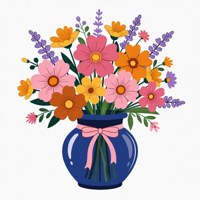 Colorful Flowers in Blue Vase