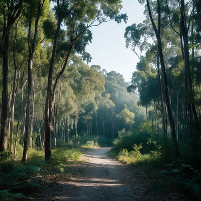 Dirt path through eucalyptus forest
