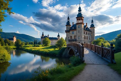 Medieval Castle by River Bridge