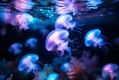 Glowing Blue Jellyfish Underwater