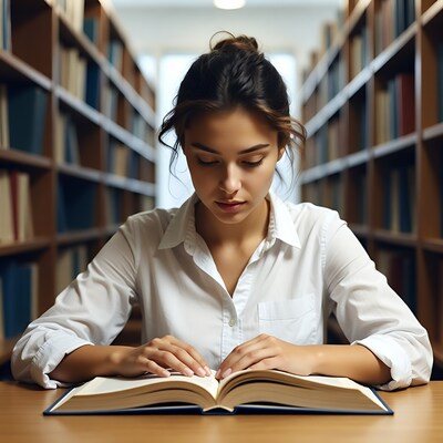 Woman reading book in library