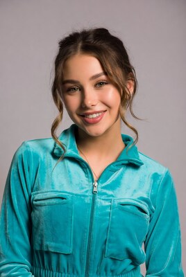 Young woman in turquoise velvet jumpsuit