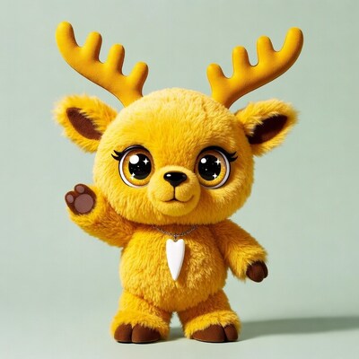 Yellow plush reindeer waving hello