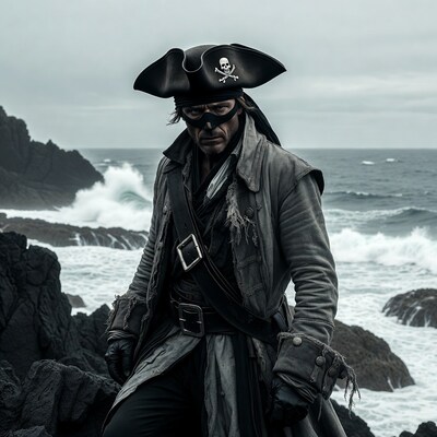 Pirate man on rocky seashore