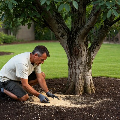 Man spreading mulch around tree