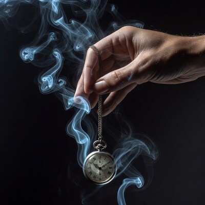 Hand holding pocket watch in smoke