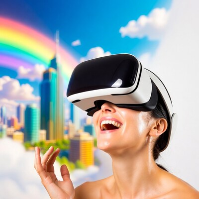 Woman laughing in VR headset with cityscape