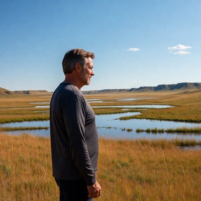 Man standing in golden wetlands landscape