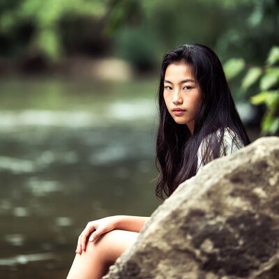 Asian girl sitting on rock by river