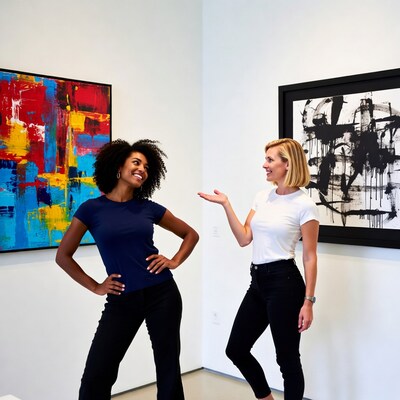 Two women posing in art gallery