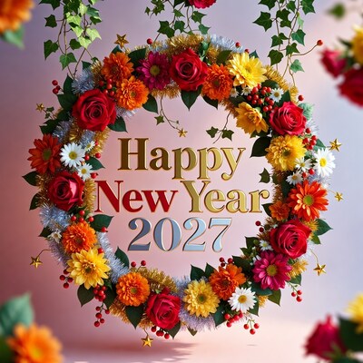 Happy New Year 2027 Flower Wreath