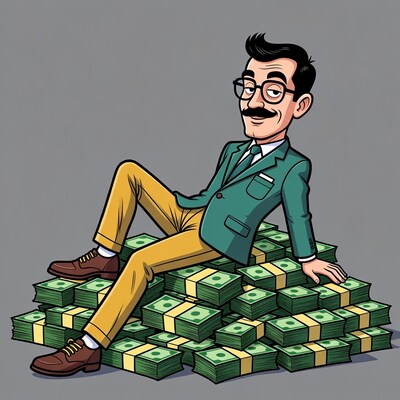 Cartoon man lounging on money pile