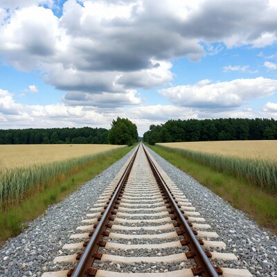 Railroad tracks through wheat fields