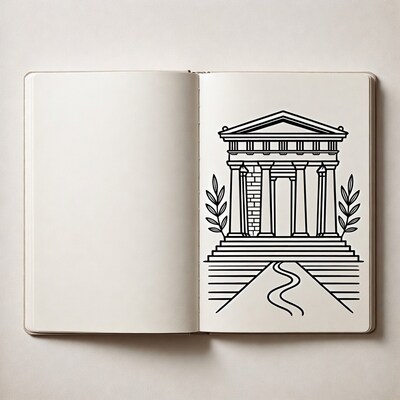 Open notebook with temple illustration