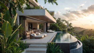 Modern infinity pool villa sunset
