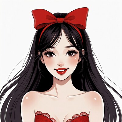 Asian girl with red bow and lace top