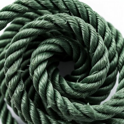 Green rope coiled on white background