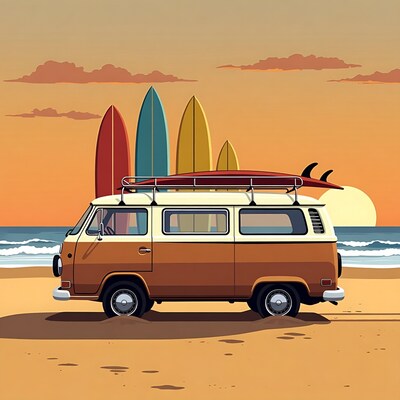 Vintage VW Van with Surfboards on Beach