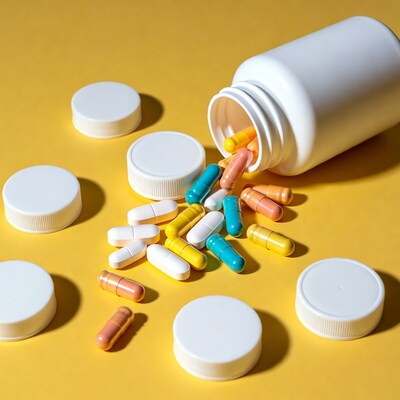 Spilled colorful pills from white bottle